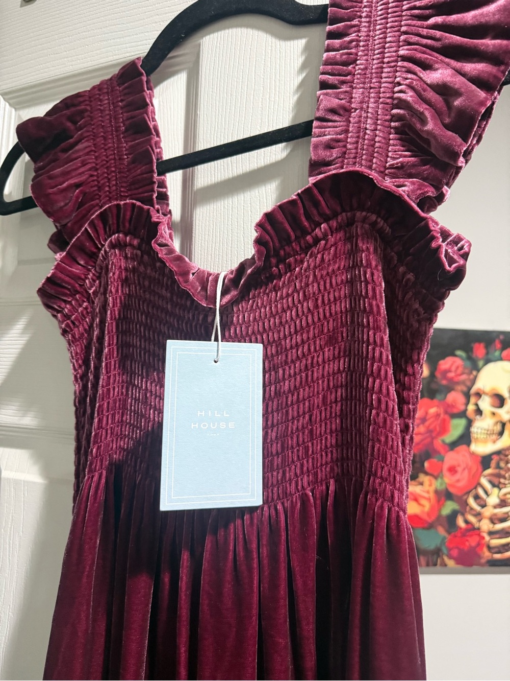 HILL HOUSE Nap Dress Velvet Smocked Ruffle Strap Burgundy Tiered Midi Dress - Picture 2 of 7